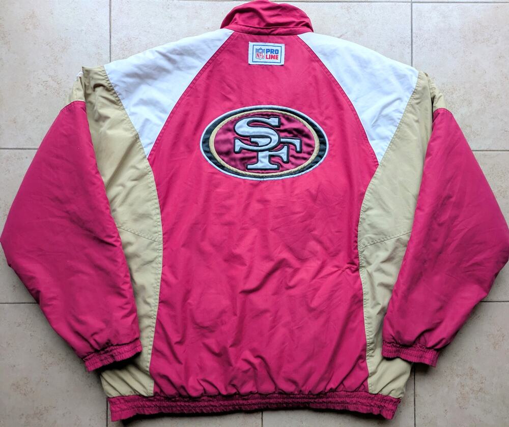 San Francisco 49ers 90s REEBOK puffer Color Block jacket 2x red gold NFL Pro vtg
